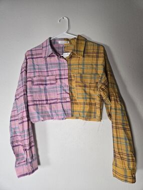 12th Tribe Pink & Mustard Two-Tone Plaid Cropped Shirt